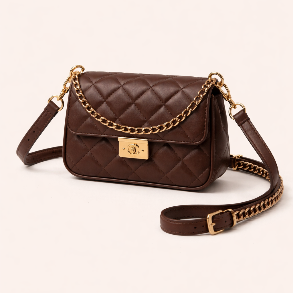 Brown quilted handbag with gold chain strap on a white background