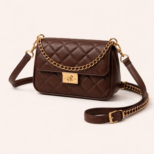 Brown quilted handbag with gold chain strap on a white background