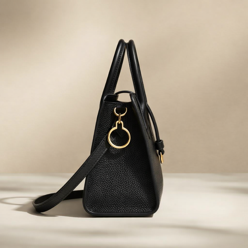 Black handbag with a gold clasp on a beige background