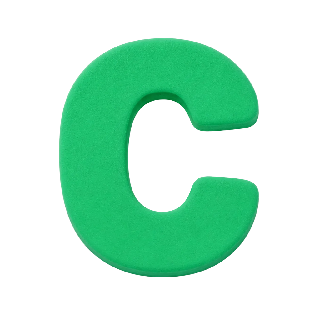 A bright green foam letter C, photographed from a top-down perspective on a clean white background.