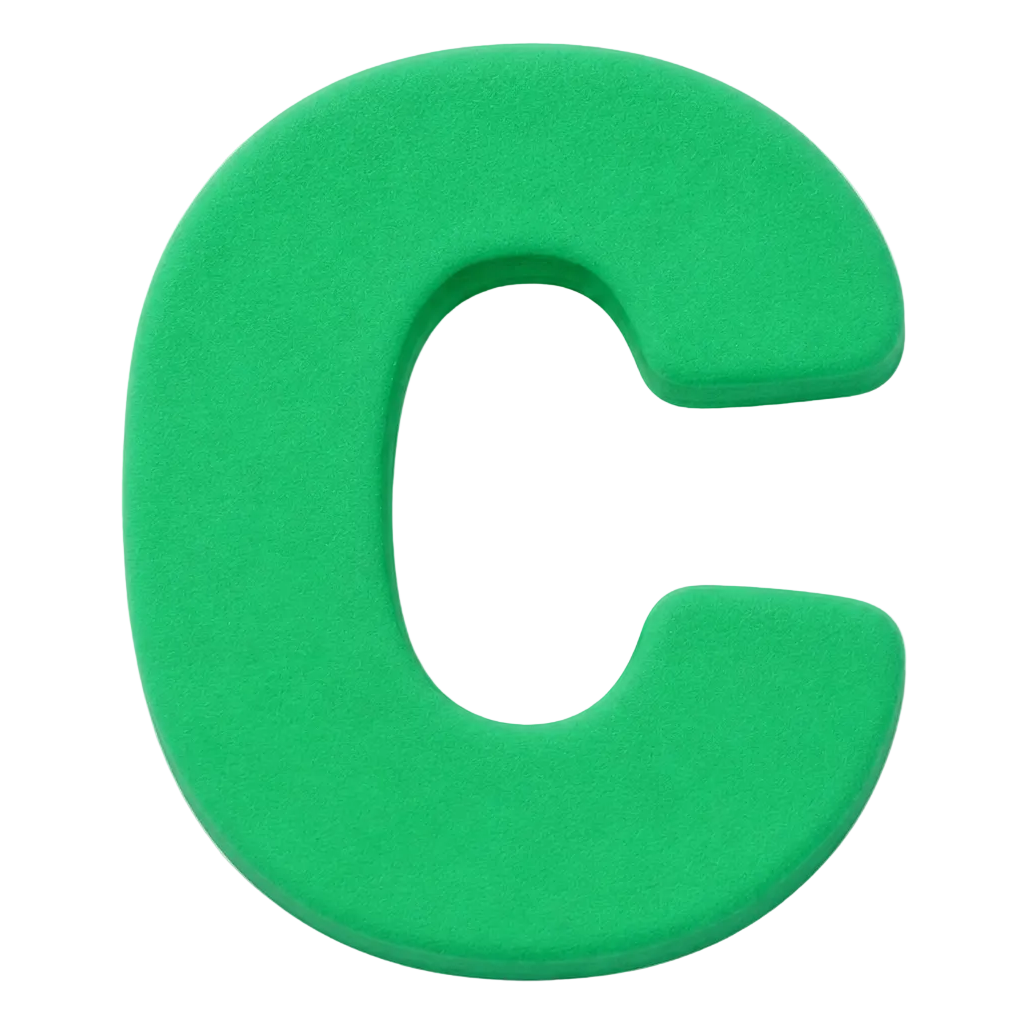 A bright green foam alphabet letter C, shown from a three-quarters perspective on a solid white background.