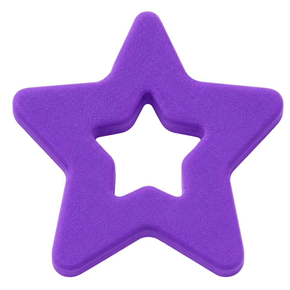 A purple foam star-shaped teether or toy with a smaller star cutout in the center, shown on a plain white background.