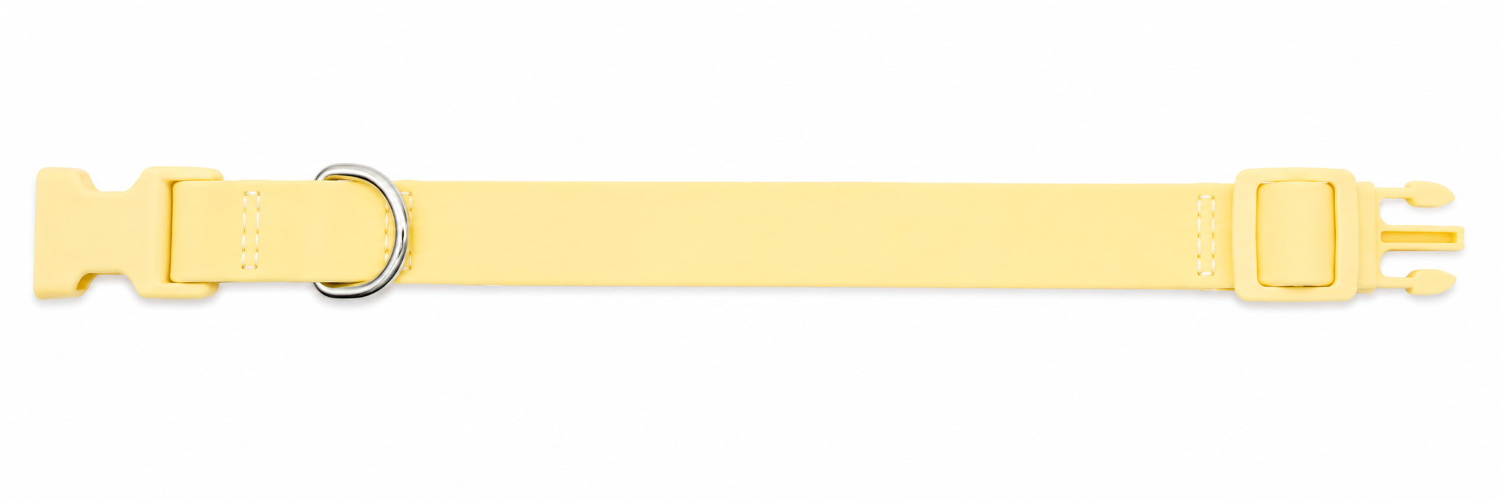 A pale yellow pet collar with a silver metal D-ring and matching plastic buckle, shown horizontally on a plain white background.
