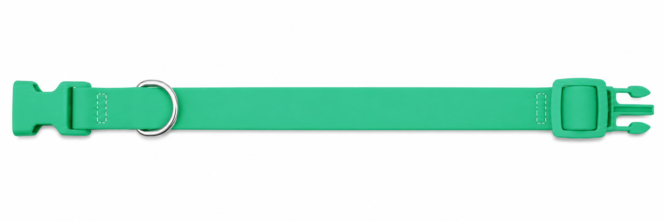 A bright green pet collar with a metal D-ring, shown horizontally on a plain white background.