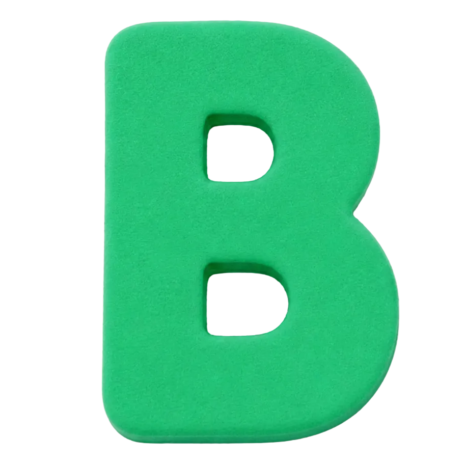 A bright green foam letter 'B' on a solid white background.