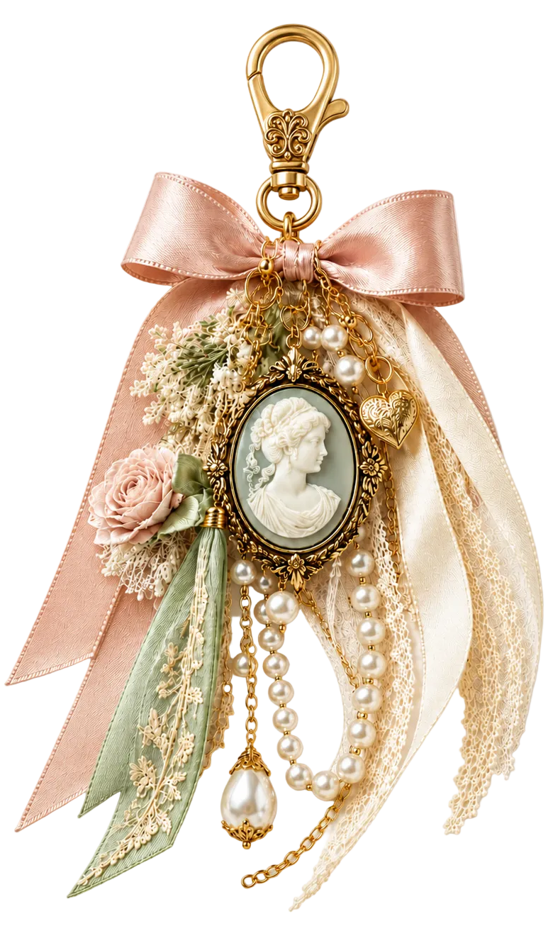 An ornate vintage-style keychain charm featuring a large blush pink satin bow, cream lace, a pale green ribbon, faux pearls, a small pink rose, and a central oval cameo face in an antique gold frame, all attached to a gold lobster clasp on a white background.