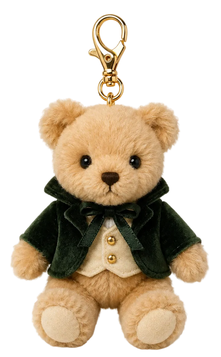 A plush teddy bear keychain wearing a dark green velvet jacket, cream vest, and bow tie, attached to a gold metal clasp, on a white background.