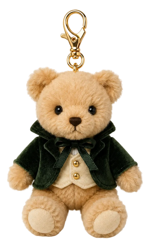 A plush teddy bear keychain wearing a dark green velvet jacket, cream vest, and bow tie, attached to a gold metal clasp, on a white background.