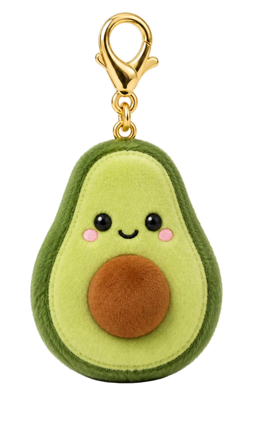 A plush avocado keychain charm with a green outer skin, light green inner flesh, a brown pit, and a cute embroidered face, attached to a gold lobster clasp on a white background.