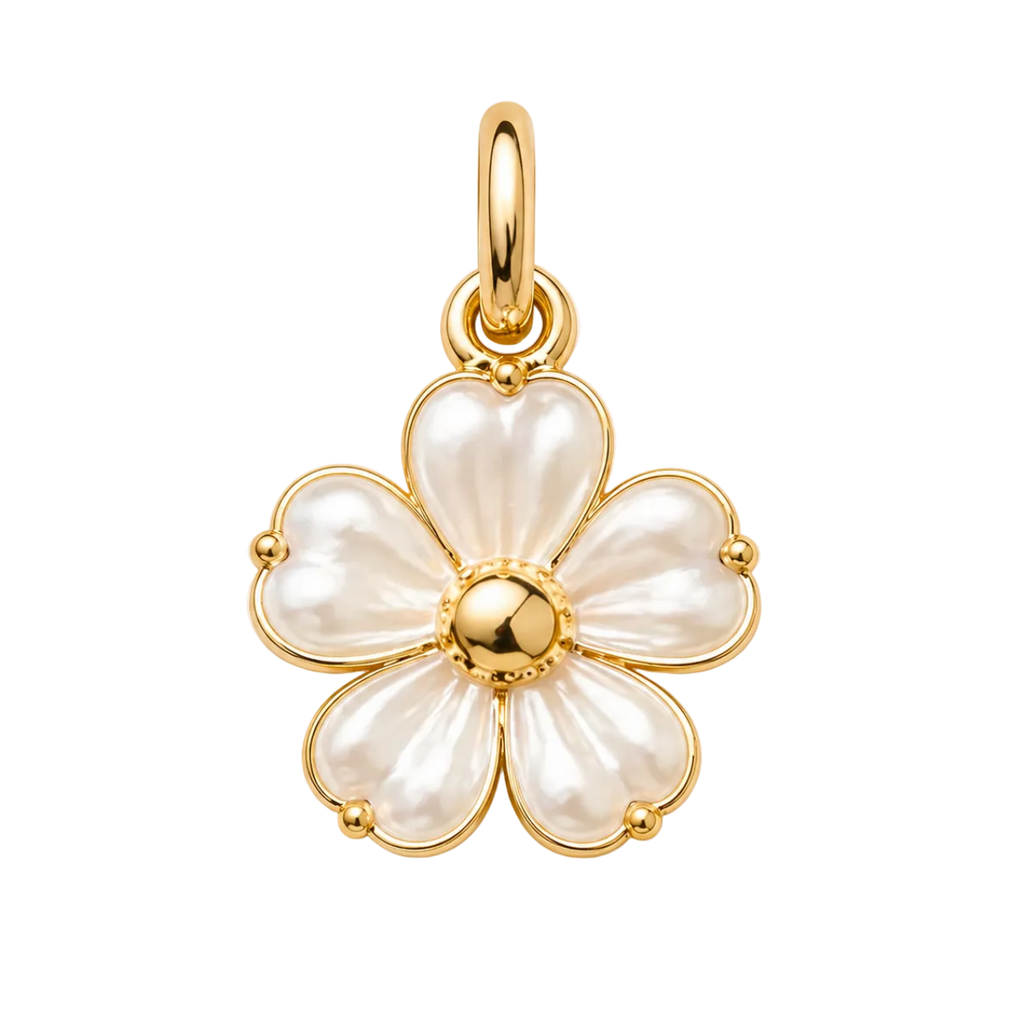 Gold and pearl flower-shaped pendant on a beige background