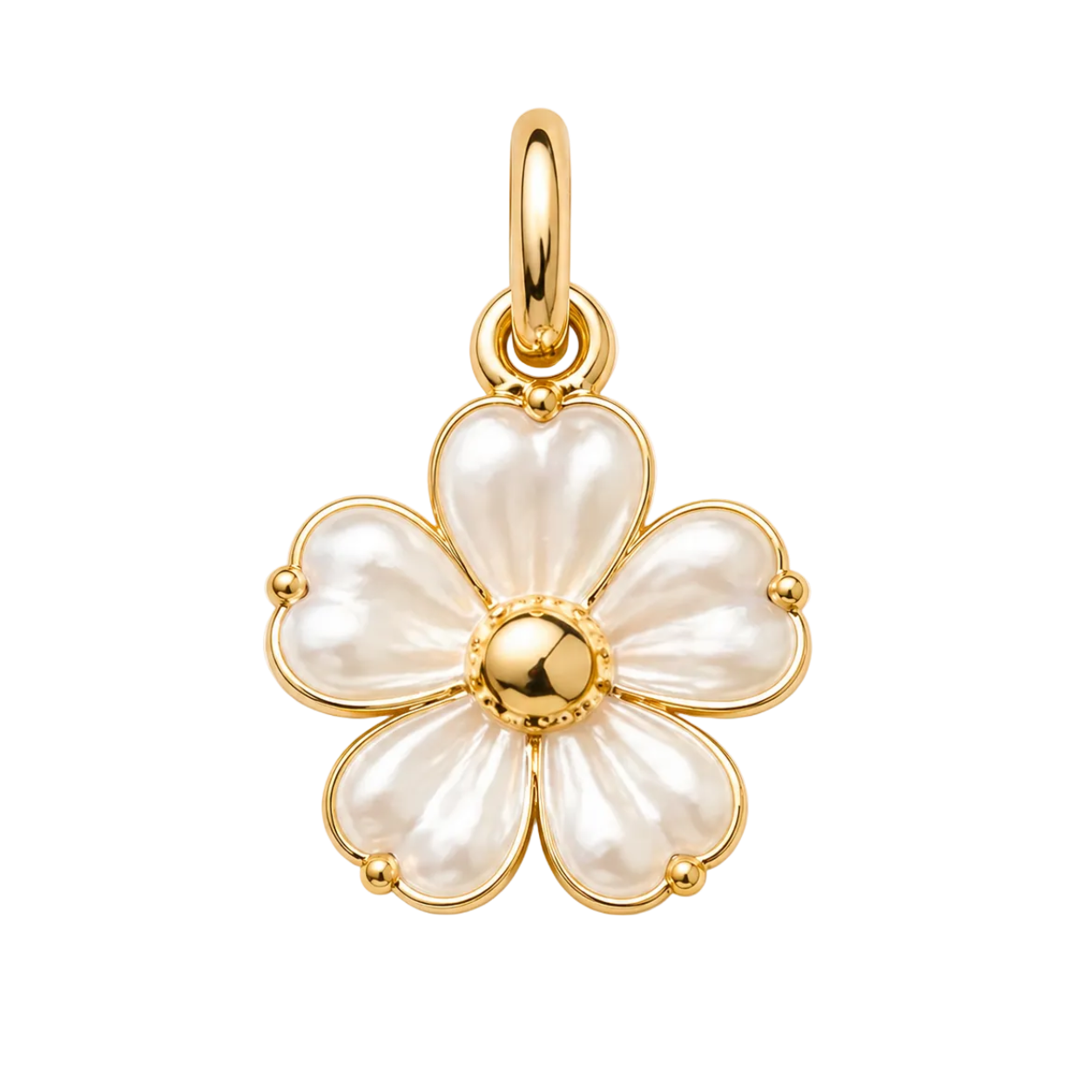 Gold and pearl flower-shaped pendant on a beige background