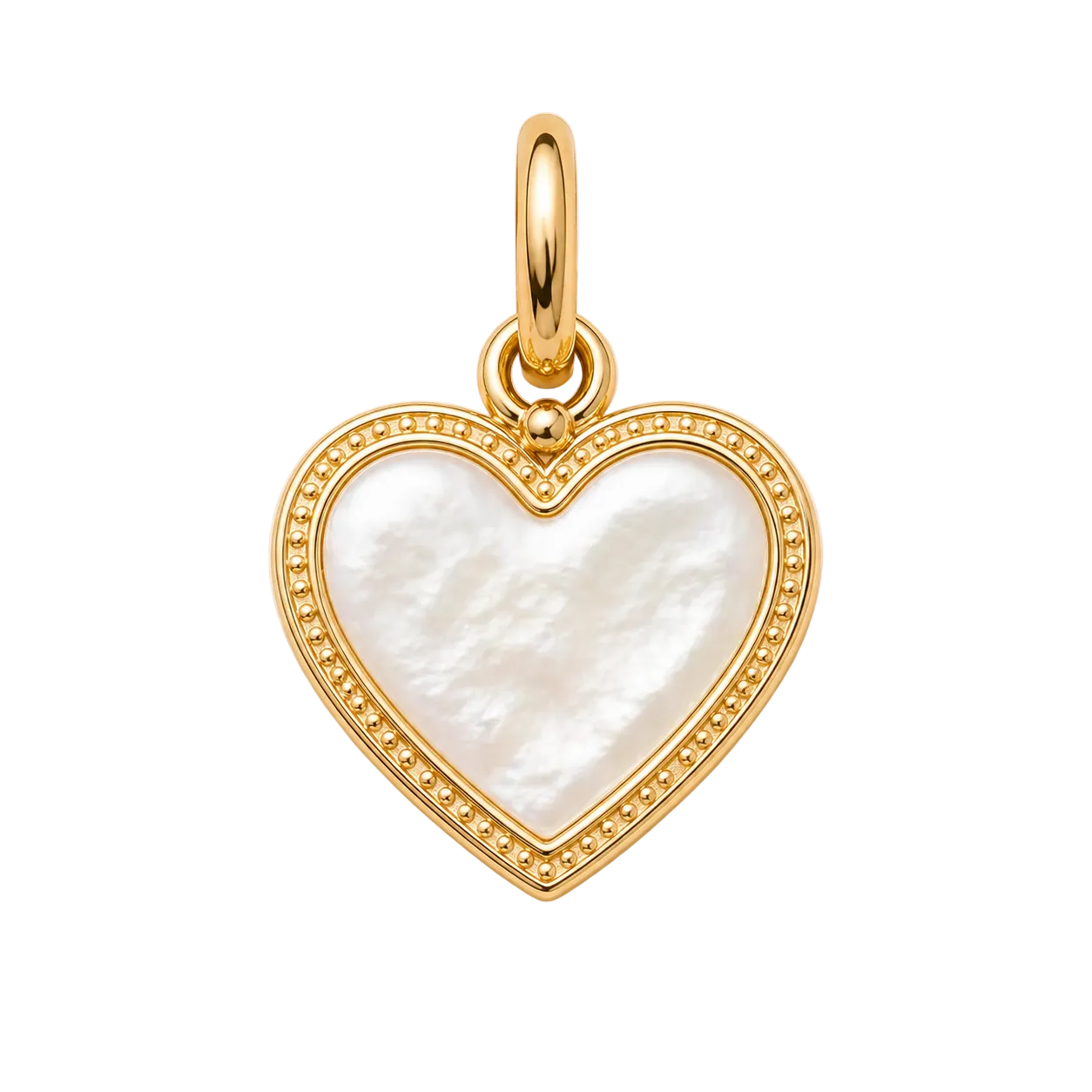 Heart-shaped pendant with gold frame and white center on a white background
