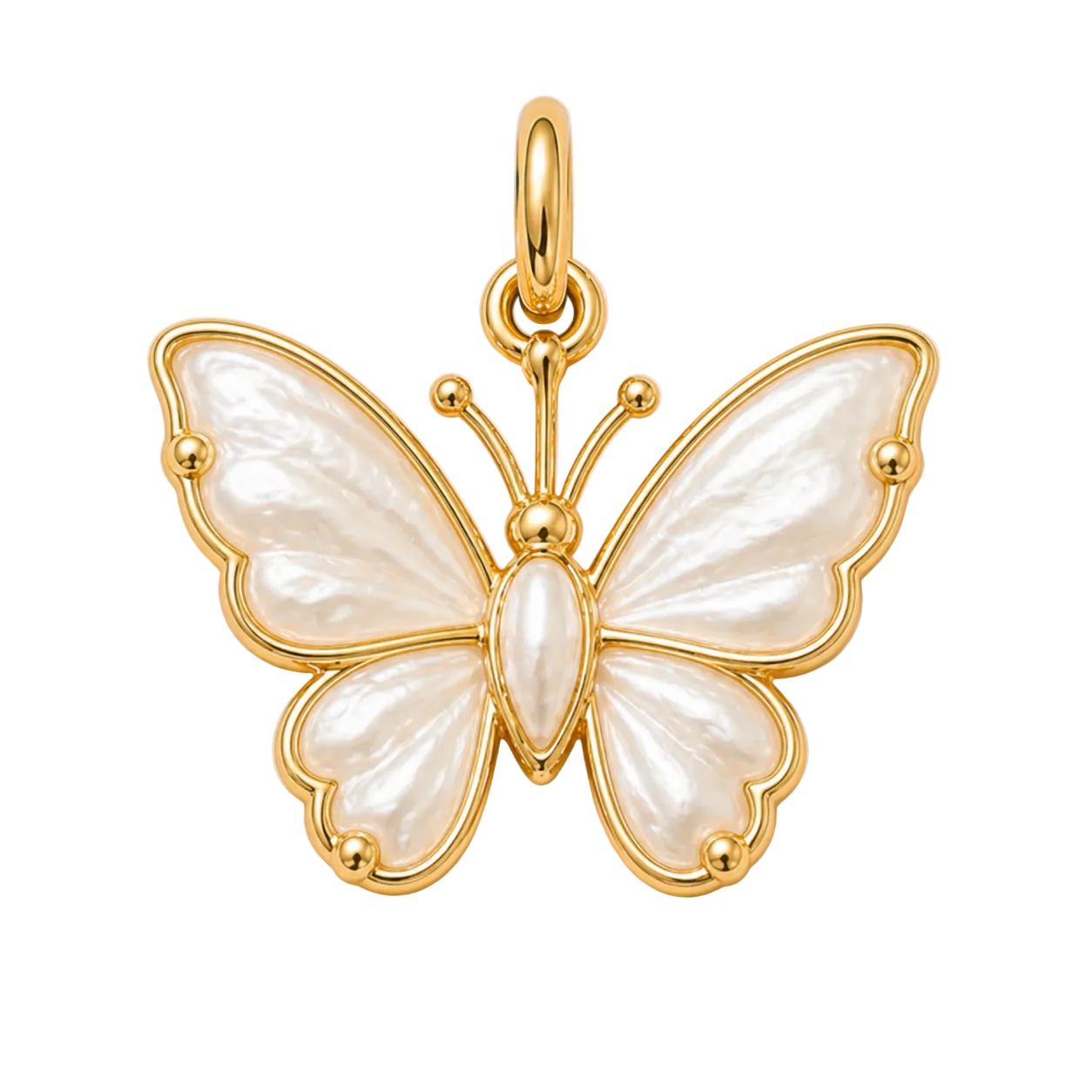 Gold butterfly pendant with white wings on a beige background