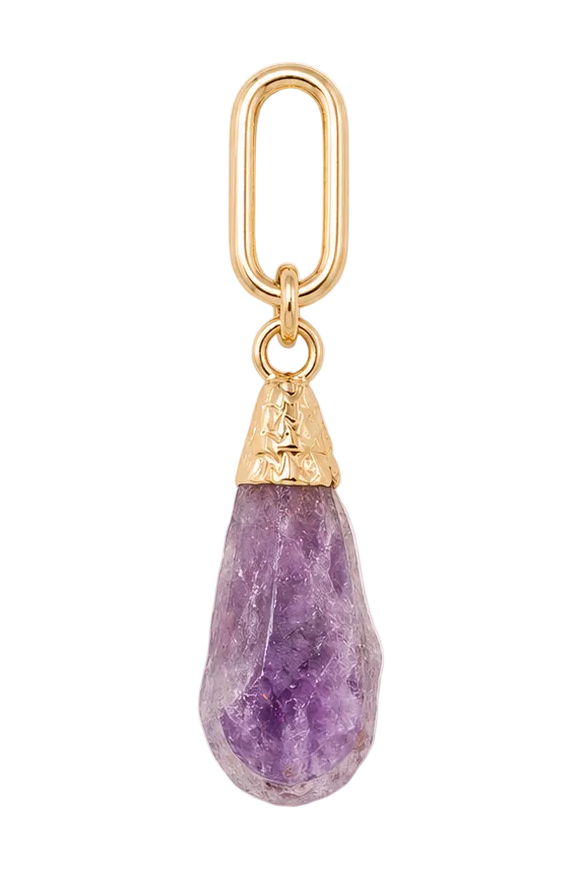 Purple teardrop pendant with gold accents on a white background