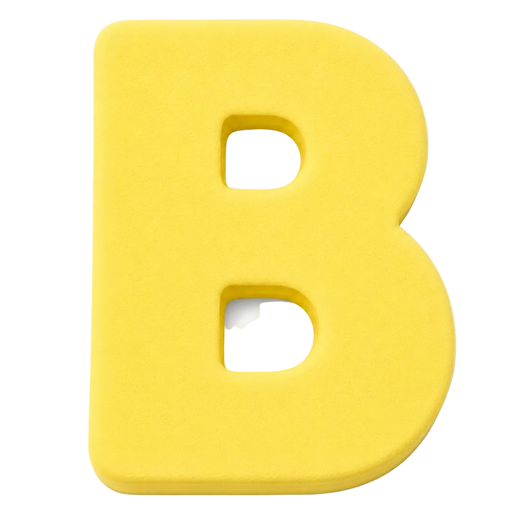 A bright yellow uppercase letter 'B' with a matte finish, shown on a clean white background.