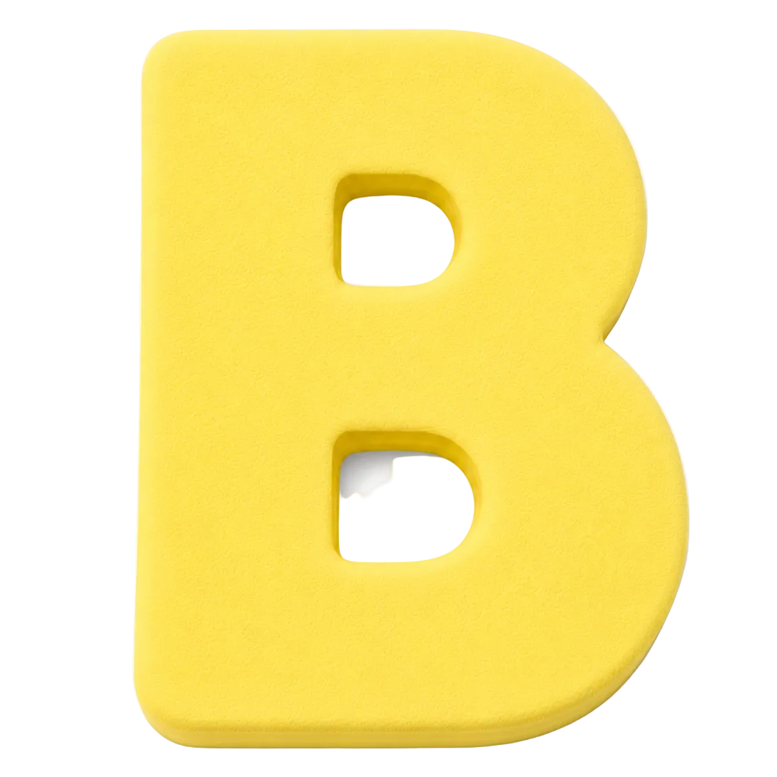 A bright yellow uppercase letter 'B' with a matte finish, shown on a clean white background.