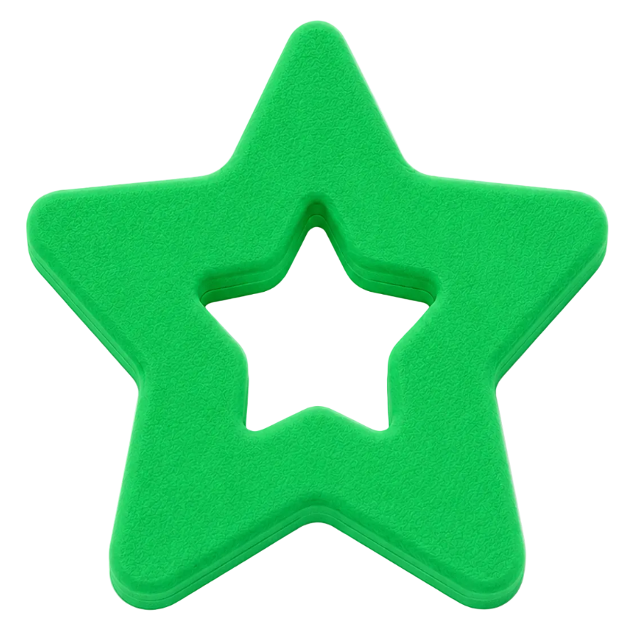 A bright green star-shaped foam or felt teether toy with a smaller star cutout in the center, shown on a plain white background.