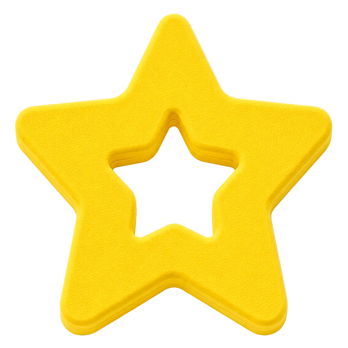 A bright yellow star-shaped foam or plastic toy piece with a smaller star cutout in the center, shown on a plain white background.