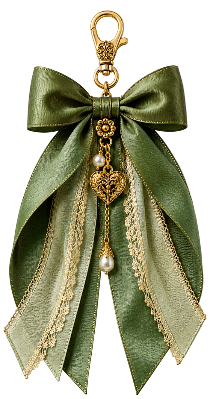 An olive green satin ribbon keychain accessory featuring a large bow, gold-tone hardware, lace trim, and pearl-like accents on a white background.