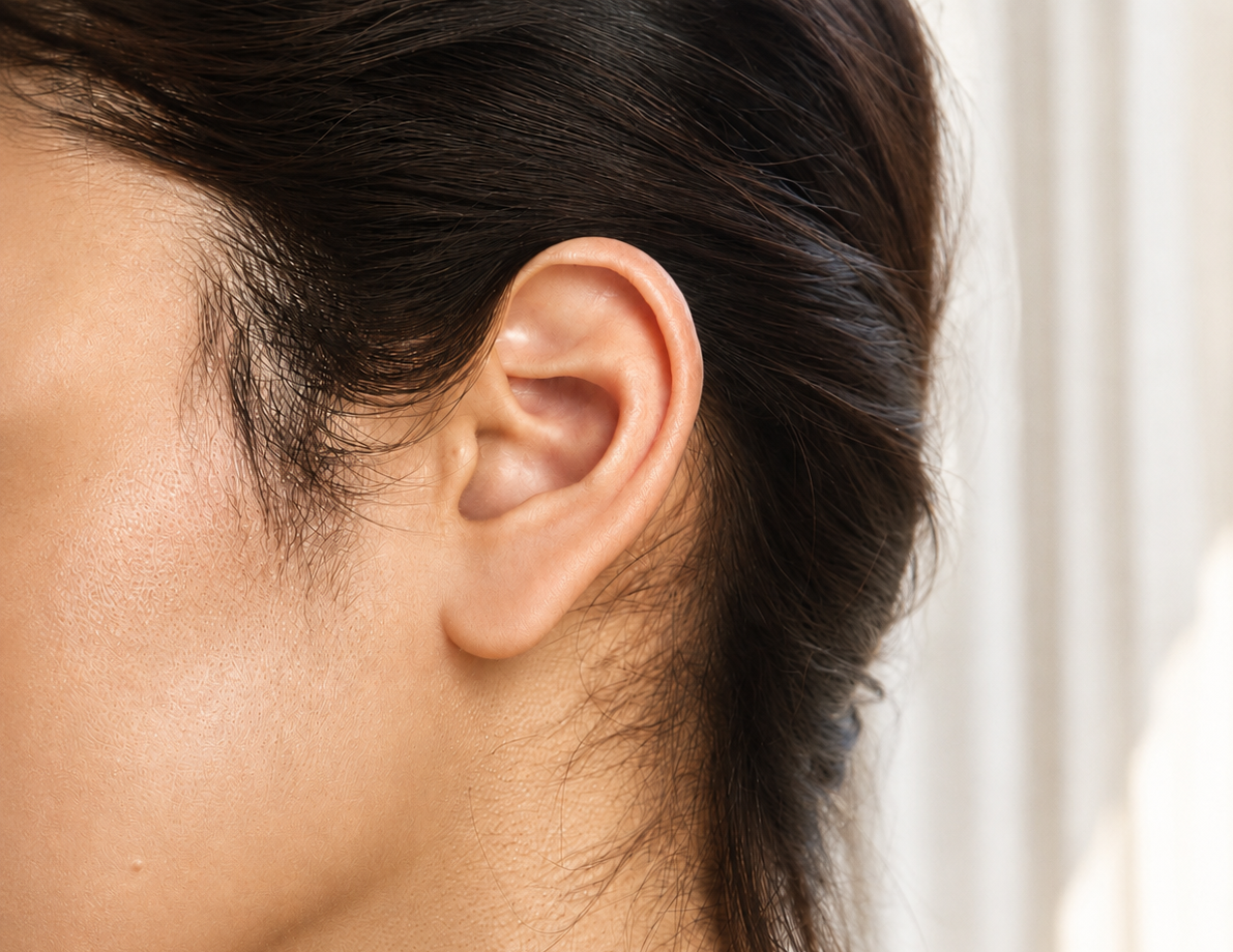 Close-up side profile of a person's ear and neck with dark hair, shown against a softly lit light background.
