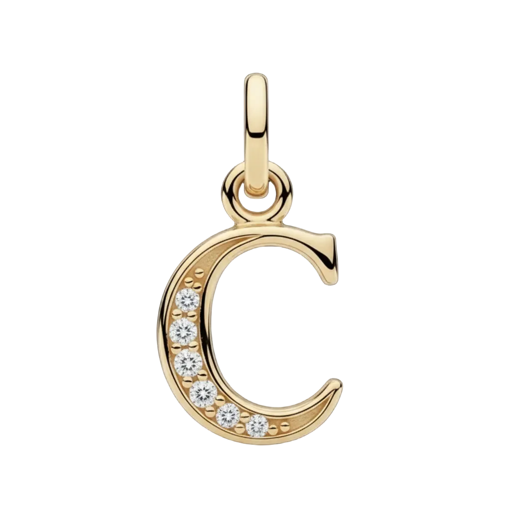 Gold crescent moon pendant with embedded diamonds on a white background
