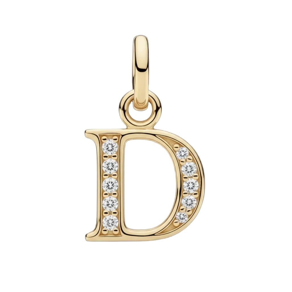Gold pendant with letter 'D' and black center on a white background