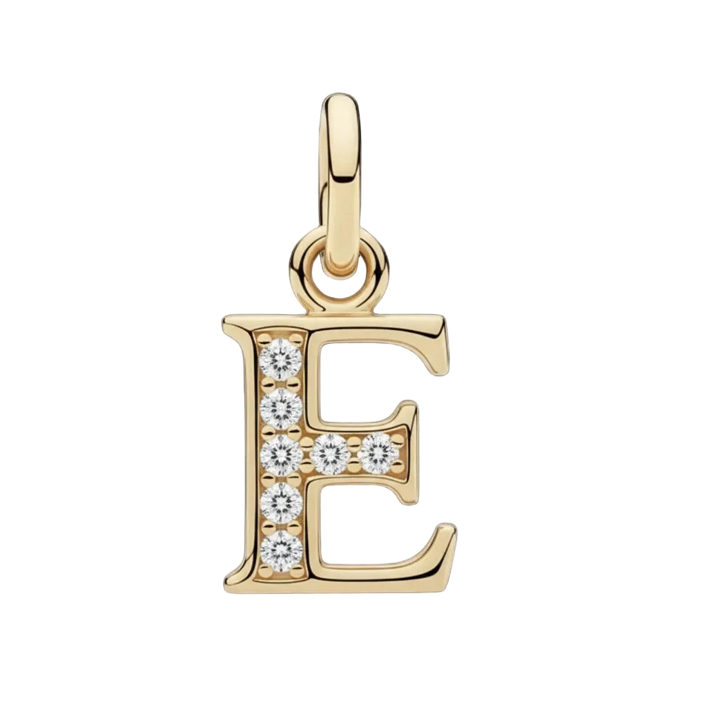 Gold pendant with letter 'E' design on a white background