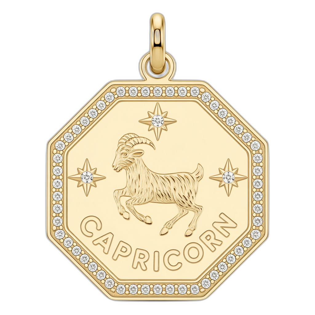 Gold Capricorn zodiac pendant with diamonds on a white background