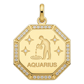 Gold Aquarius zodiac pendant with diamonds on a white background