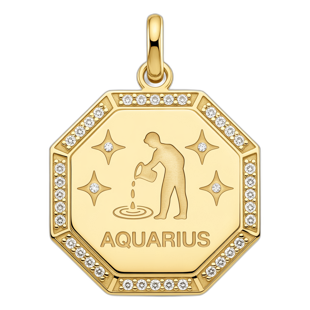 Gold Aquarius zodiac pendant with diamonds on a white background