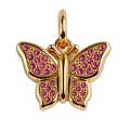 Gold butterfly pendant with pink gemstones on a white background