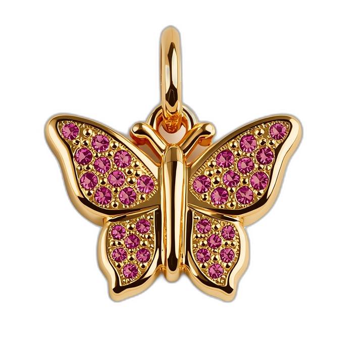 Gold butterfly pendant with pink gemstones on a white background