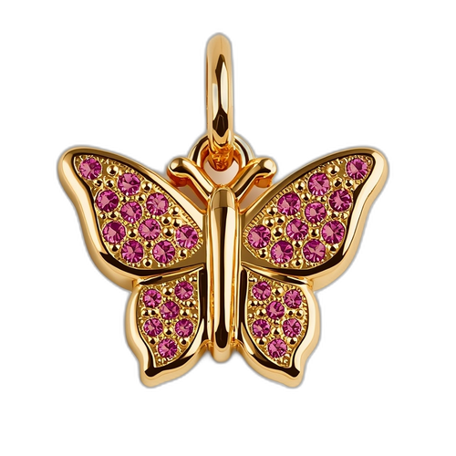 Gold butterfly pendant with pink gemstones on a white background