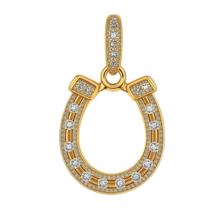 Gold horseshoe pendant with diamond accents on a white background