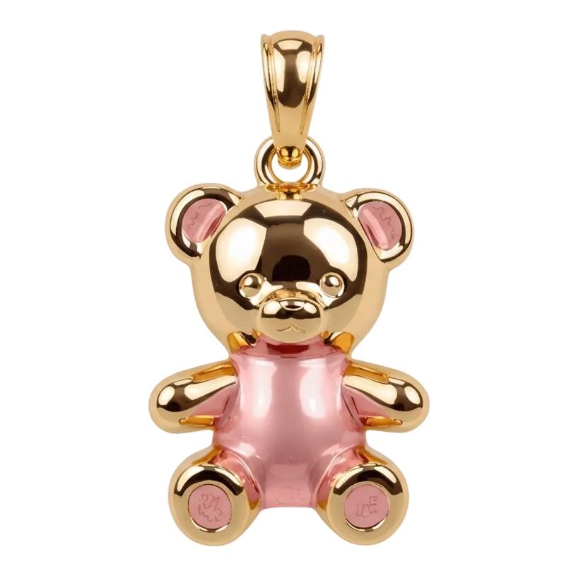 Gold and pink teddy bear pendant on a white background