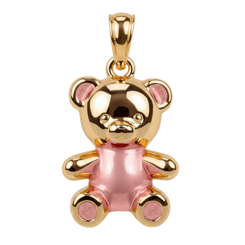 Gold and pink teddy bear pendant on a white background