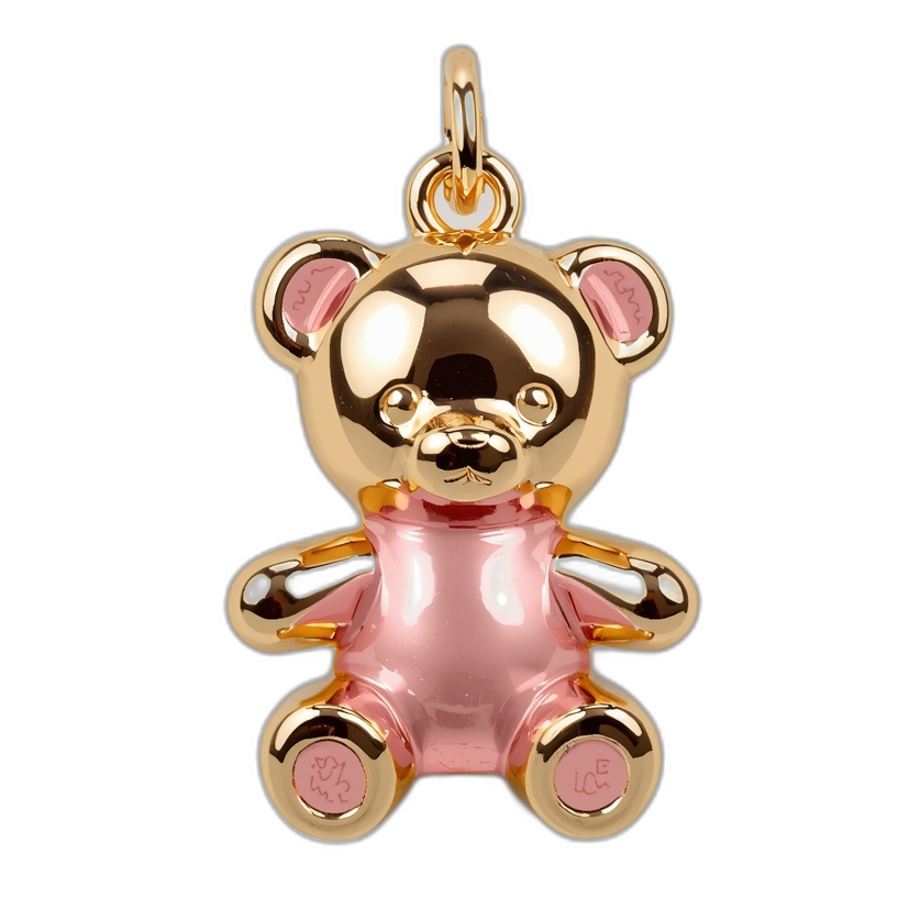 Gold and pink teddy bear charm on a white background