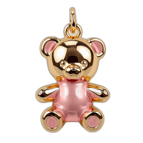 Gold and pink teddy bear charm on a white background