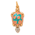 Gold turtle charm with blue shell and pink hearts on a white background