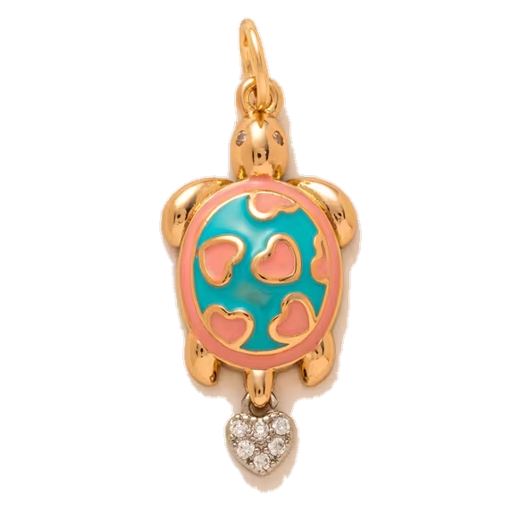 Gold turtle charm with blue shell and pink hearts on a white background