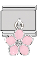 Pink flower charm on a silver background