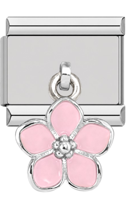 Pink flower charm on a silver background