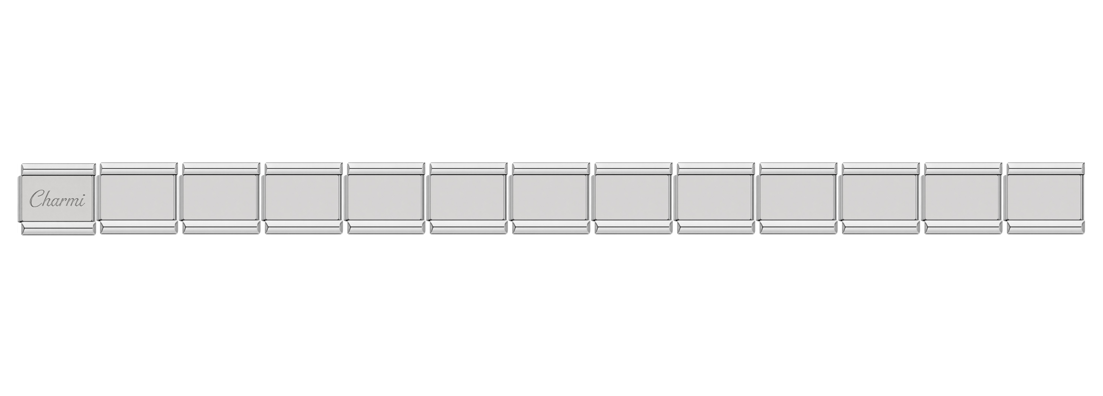 Row of silver square tiles on a white background