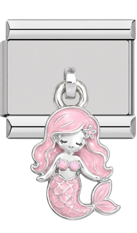 Mermaid charm with pink hair and tail on a silver background