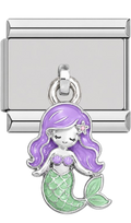 Mermaid charm with purple hair and green tail on a silver base.