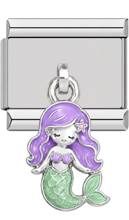 Mermaid charm with purple hair and green tail on a silver base.