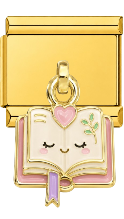 Gold charm with a cartoon-style book and heart design on a white background