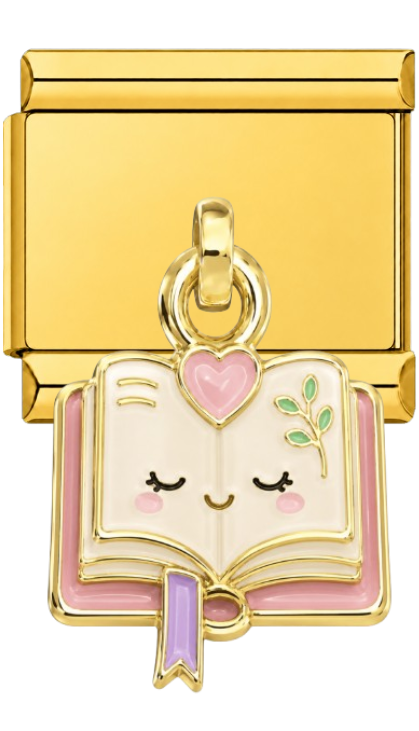 Gold charm with a cartoon-style book and heart design on a white background