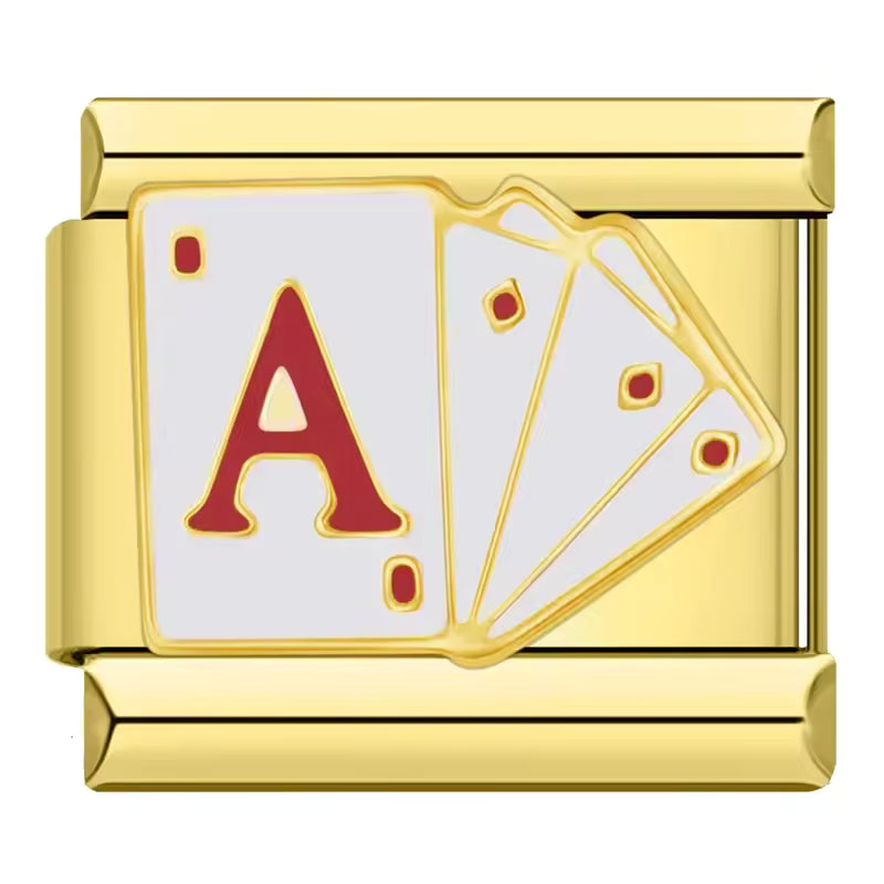 Gold charm with a red 'A' and white background on a white background