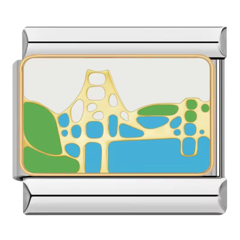 Decorative charm with abstract design featuring green, blue, and gold on a white background